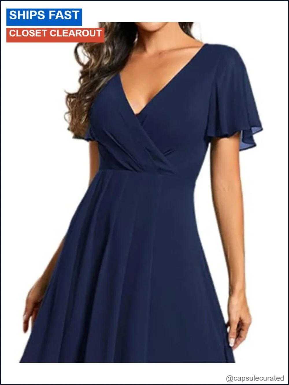 Women's Chiffon Midi Dress V-Neck High Waisted A-Line 3/4 Sleeve Casual